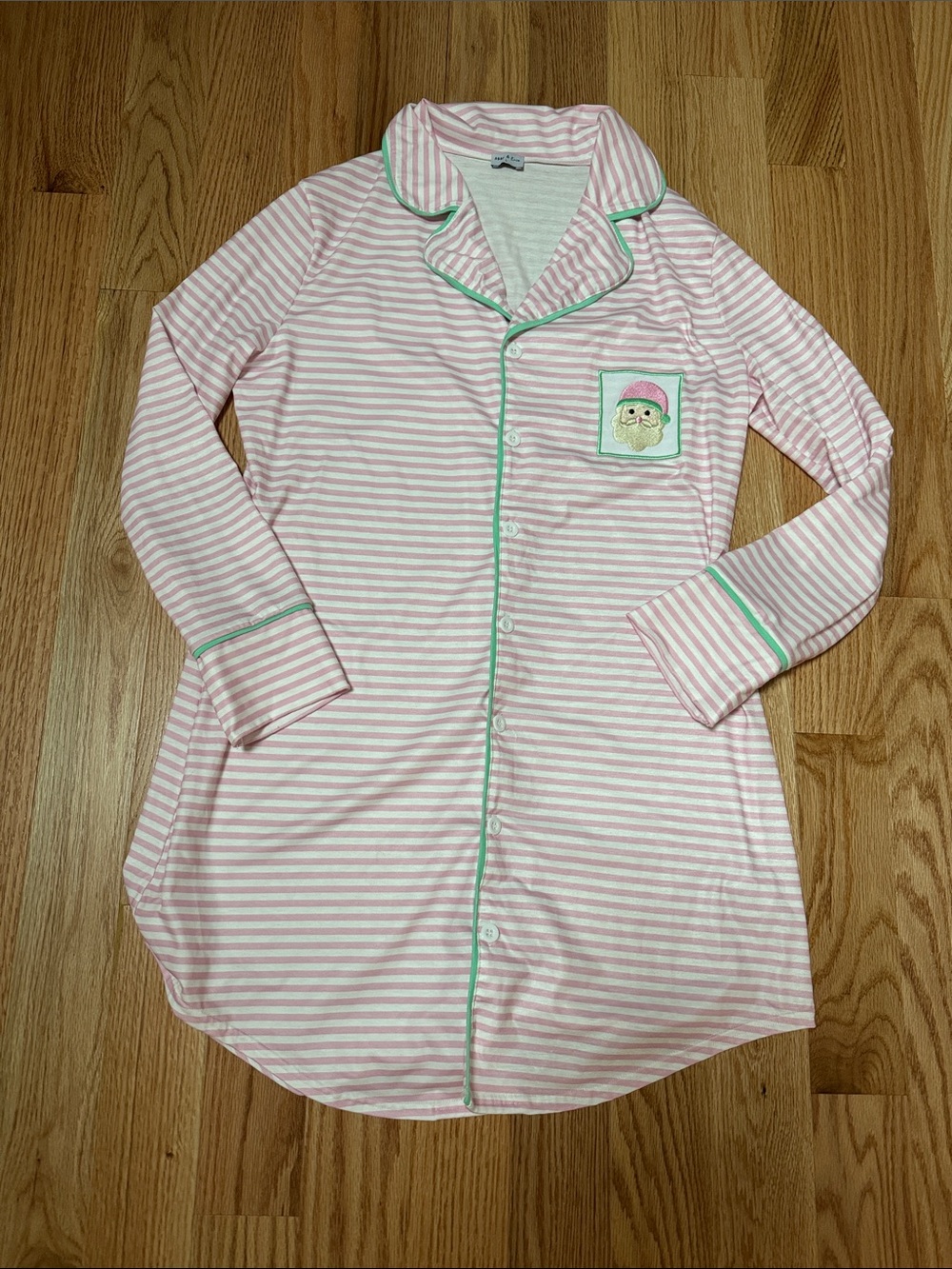 Abby & Evie Pink Striped Nightshirt with Green Piping and Santa EUC Size L